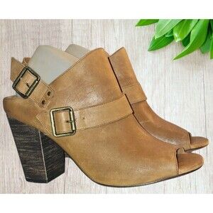 Trask Miriam Stacked Soft Carmel Leather Heel Sandals Sz 9 1/2 Made In Brazil